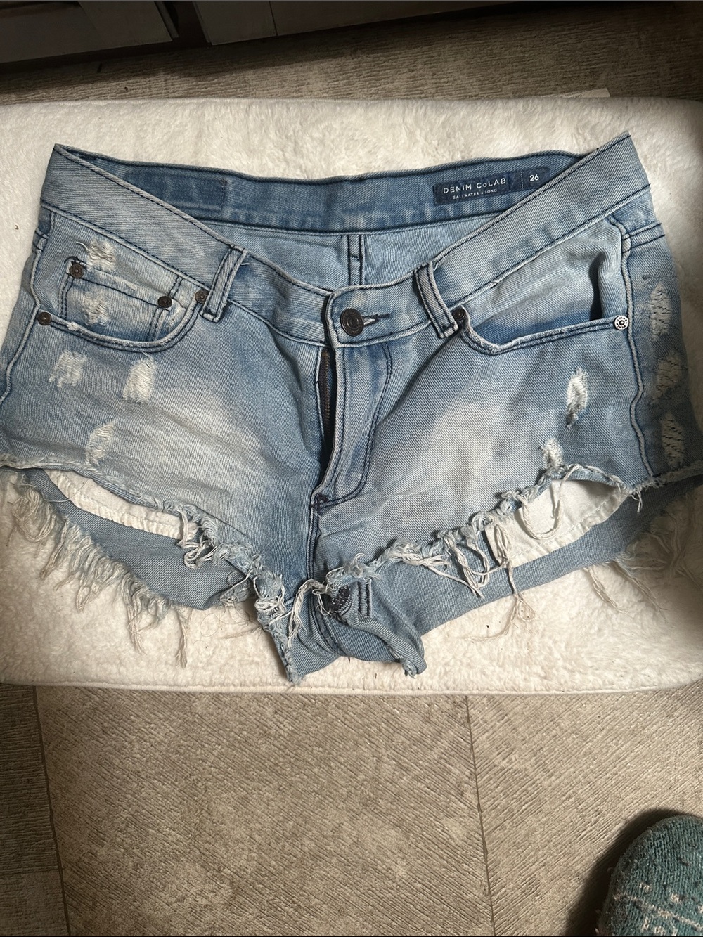 Denim Colab Light Blue Distressed Frayed Hem Jean Shorts
